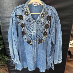 Vintage Denim Shirt with Floral Design